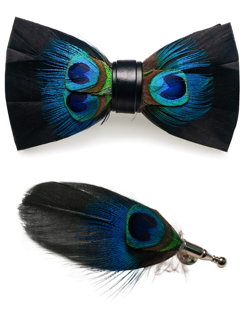 RBOCOTT Mens Handmade Feather Pre-tied Bow tie and Brooch Sets (peacock blue/black) - Image 1